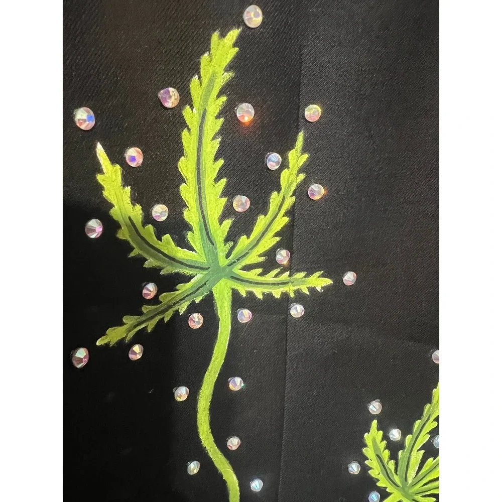 OOAK Hand Painted Wool Blazer 44R Rhinestone Cannabis Cross Wearable Art